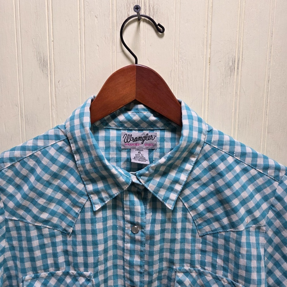 Wrangler Shirt Mens XL Blue Check Short Sleeve Western Snap Pockets Rodeo Casual